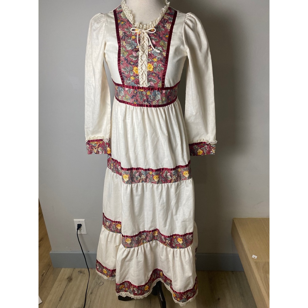 Joseph Magnin Bow Age Vintage 1960s Prairie Maxi Dress Gunne Sax Style Floral XS